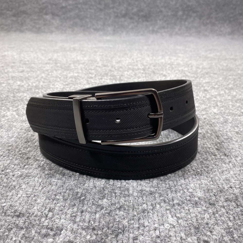 DVGJ Belt Mens L 38-40 Black Faux Leather Silver Buckle Classic Reversible